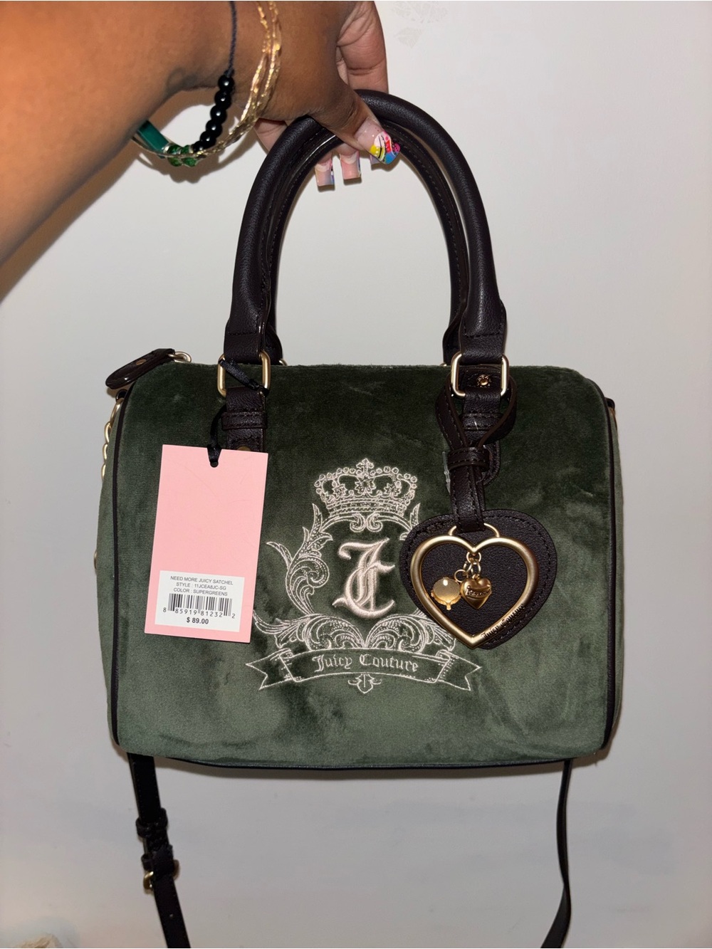 Juicy Couture Dark Green Velvet Satchel with Heart Charm